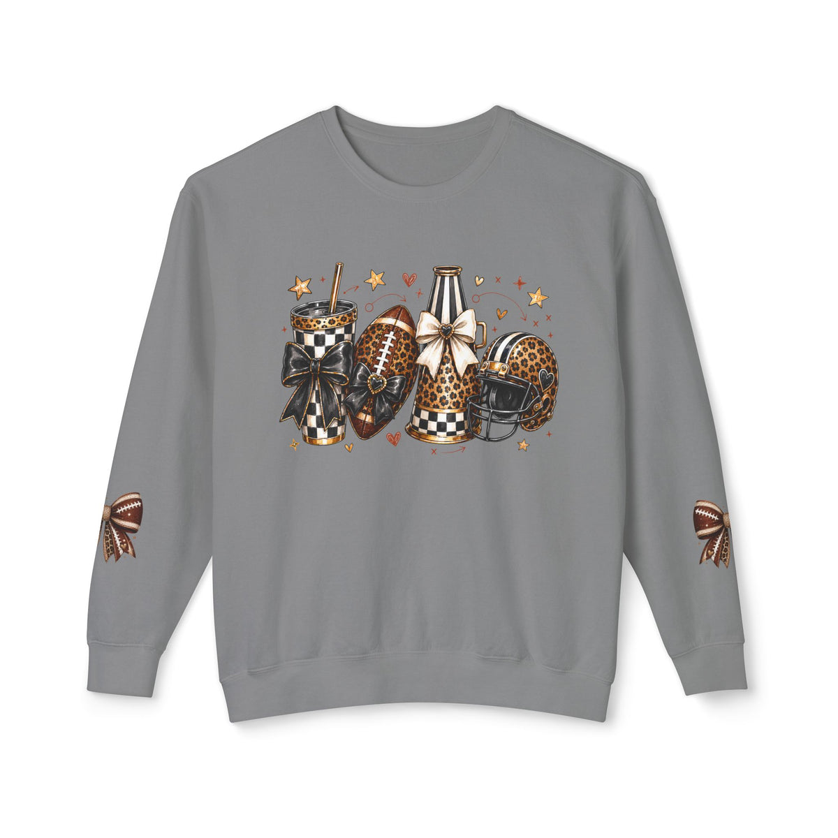 Football Mom Crewneck Sweatshirt — Leopard & Buffalo Plaid Football Design with Sleeve Bows