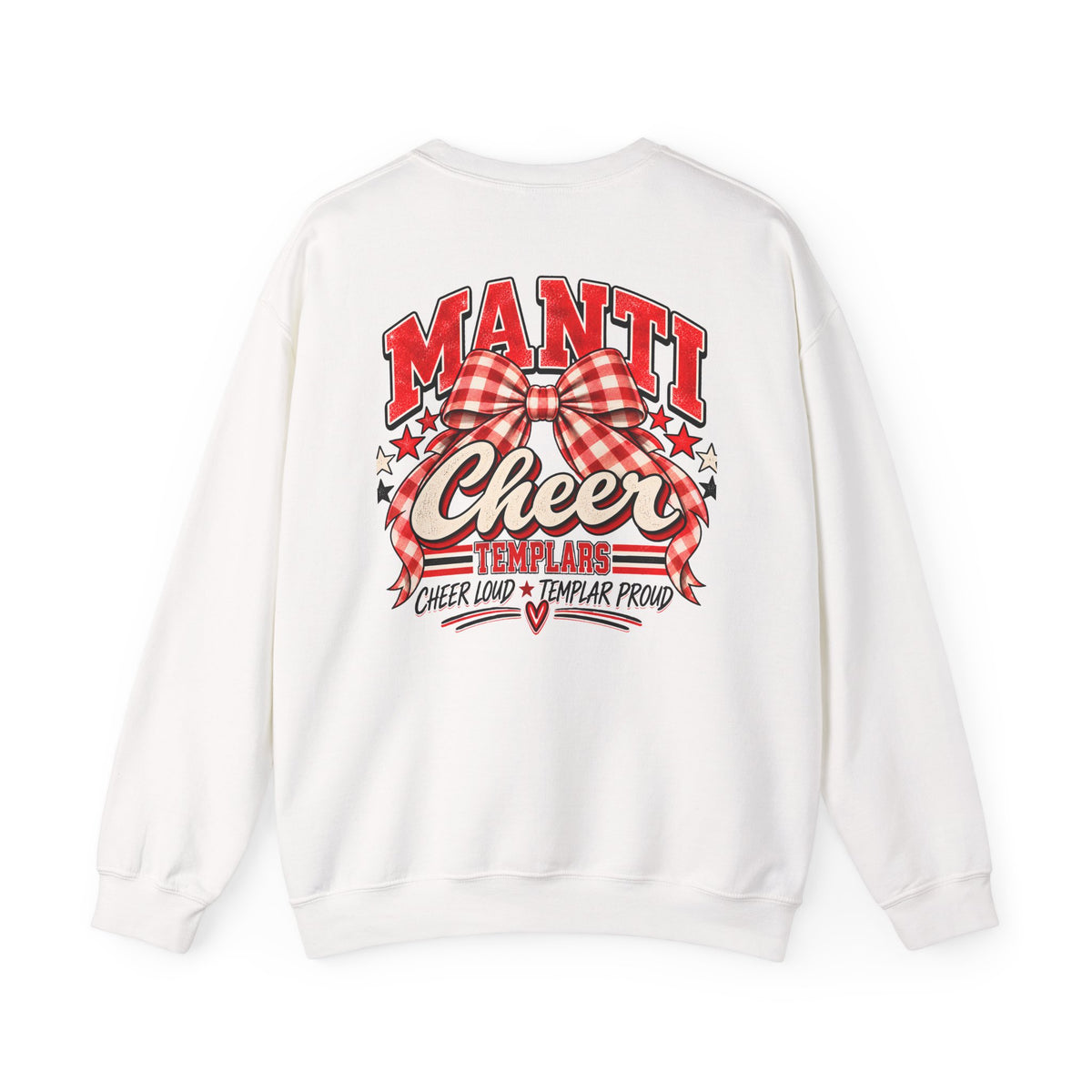 Manti Cheer Crewneck Sweatshirt — Red Plaid Bow Templars Spirit Top