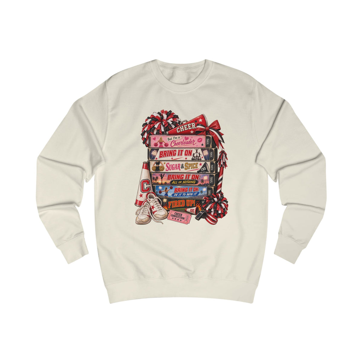 Cheerleader Stack Sweatshirt — Cheer, Bring It On, Shine & Spice Graphic Crewneck