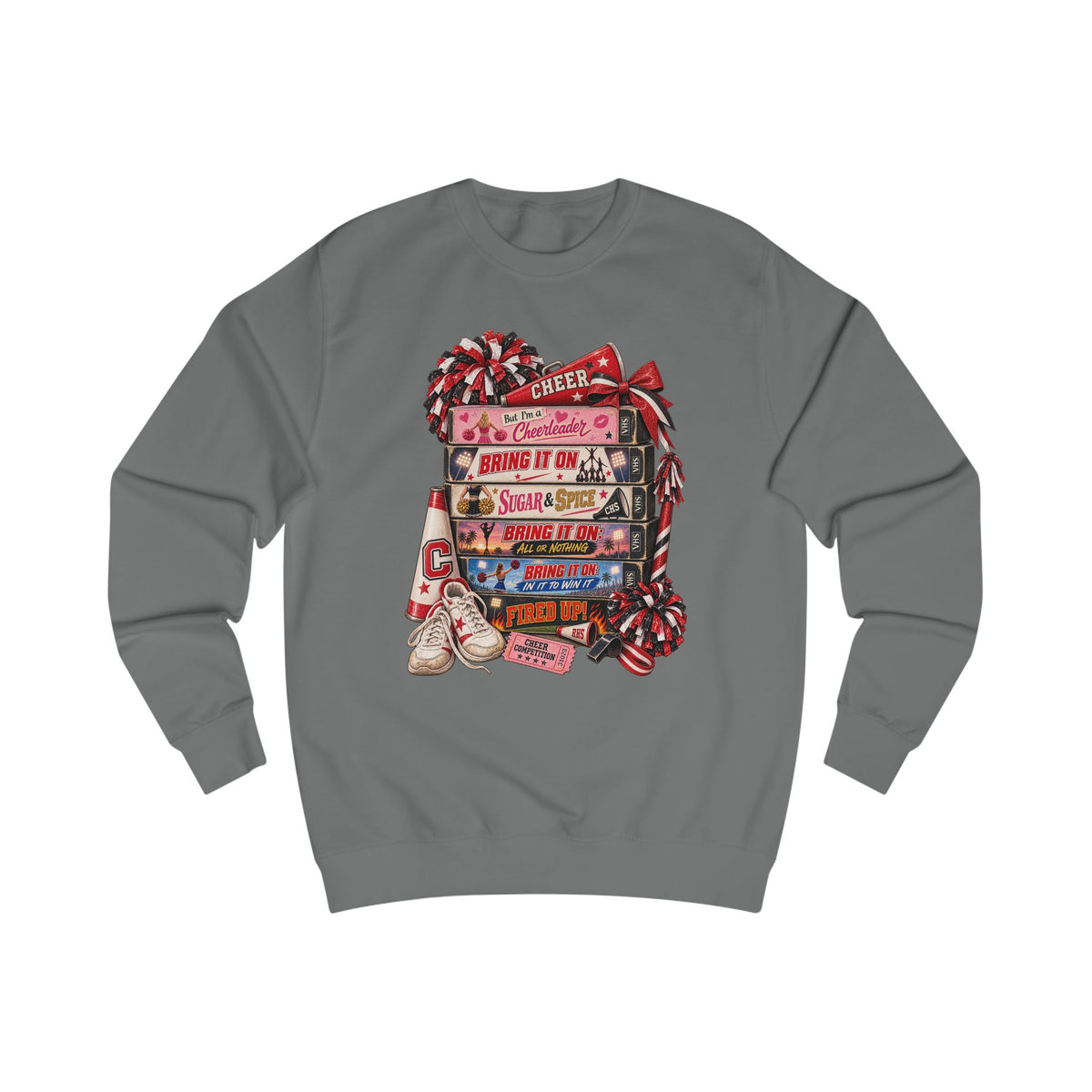 Cheerleader Stack Sweatshirt — Cheer, Bring It On, Shine & Spice Graphic Crewneck