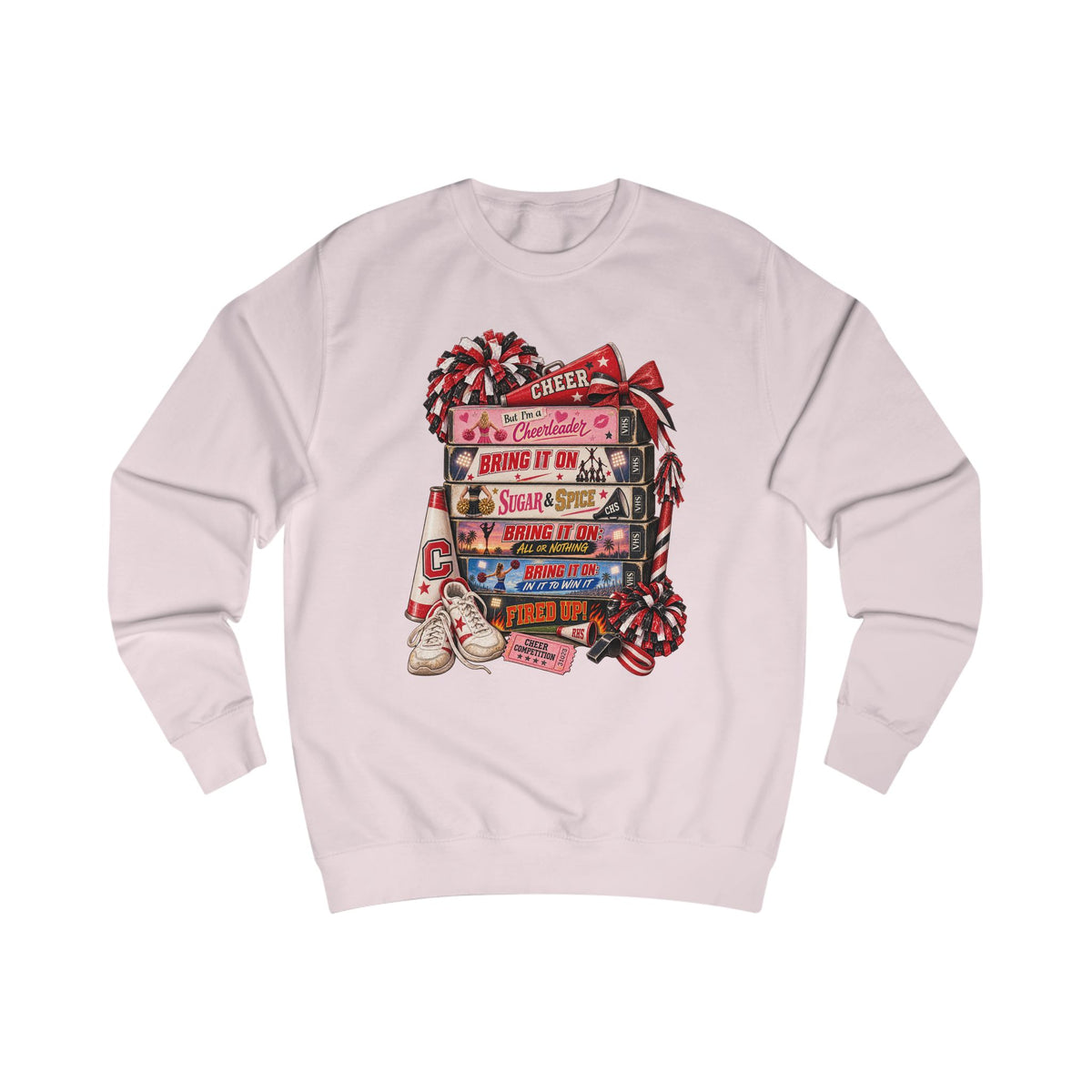 Cheerleader Stack Sweatshirt — Cheer, Bring It On, Shine & Spice Graphic Crewneck