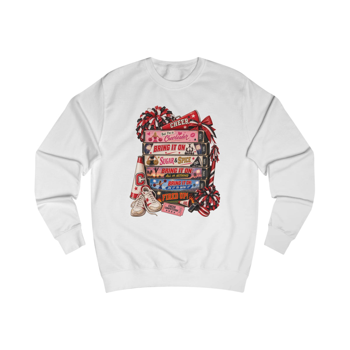 Cheerleader Stack Sweatshirt — Cheer, Bring It On, Shine & Spice Graphic Crewneck