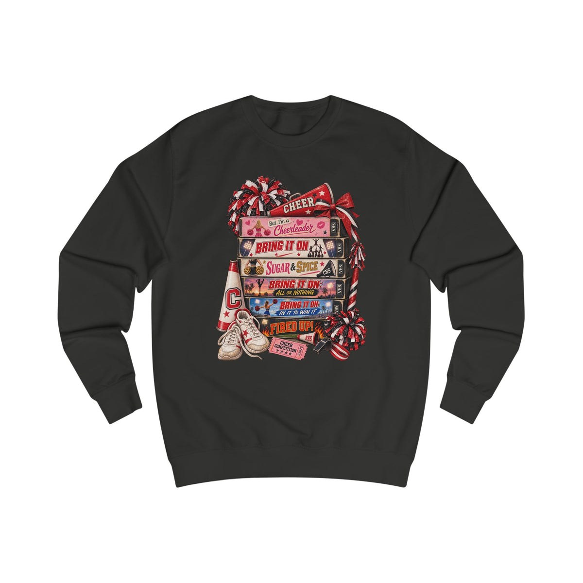 Cheerleader Stack Sweatshirt — Cheer, Bring It On, Shine & Spice Graphic Crewneck