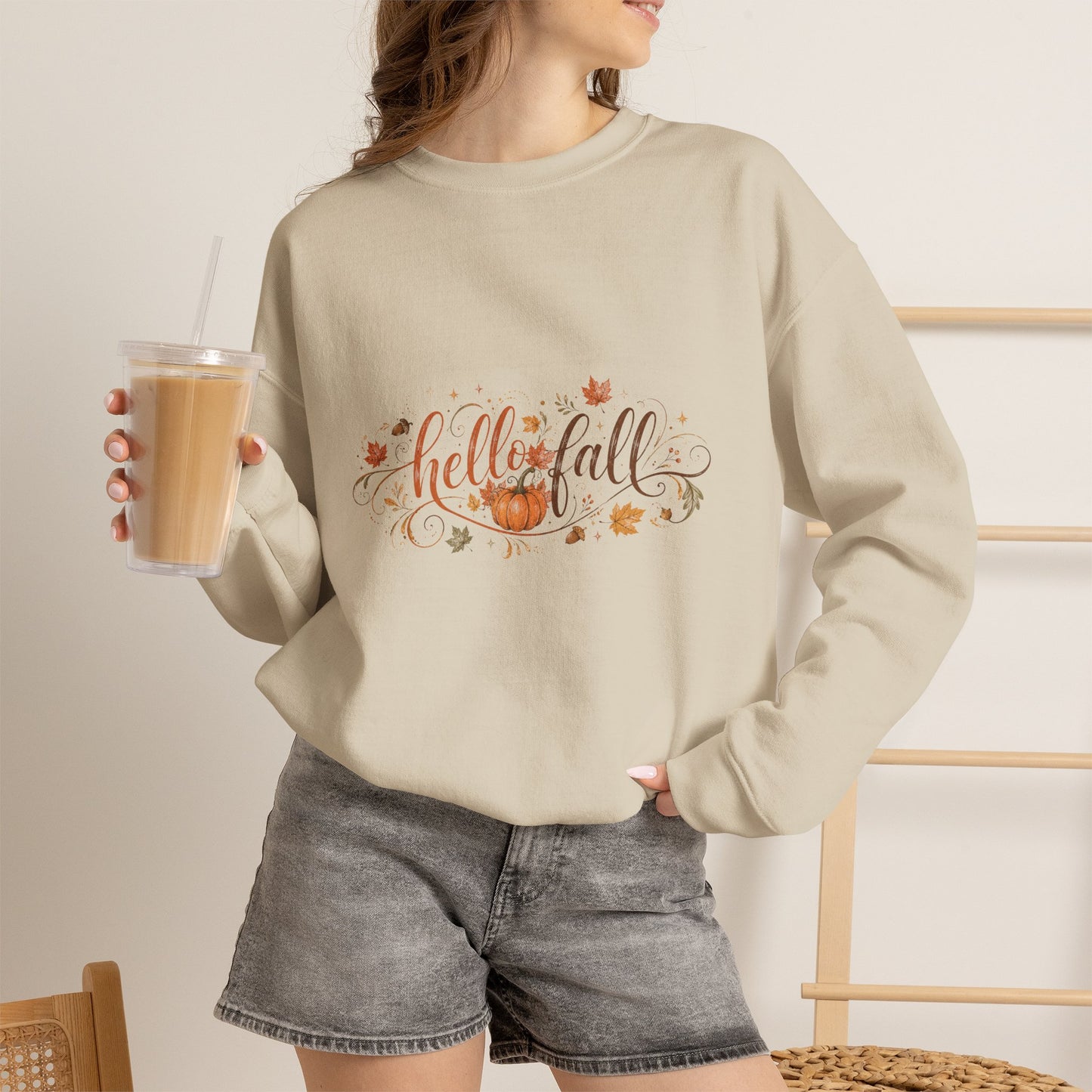 Hello Fall Sweatshirt — Cozy Pumpkin & Leaves Crewneck