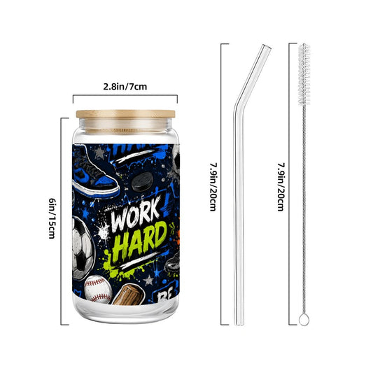 Glass Tumbler with Straw  Bamboo Lid  (16oz) Sports Collage